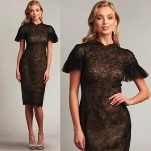 Tadashi Shoji Embroidered Lace Cocktail Dress WMNS 0 Black Tan CBE23084M Lined